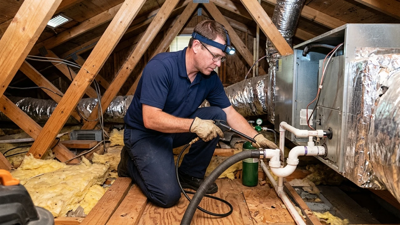 Why Your AC Safety Float Switch Keeps Tripping: Diagnosing Attic Drain Pan Backups Before Ceiling Damage Occurs 2 HVAC technician flushing an attic PVC condensate drain line in Richmond VA
