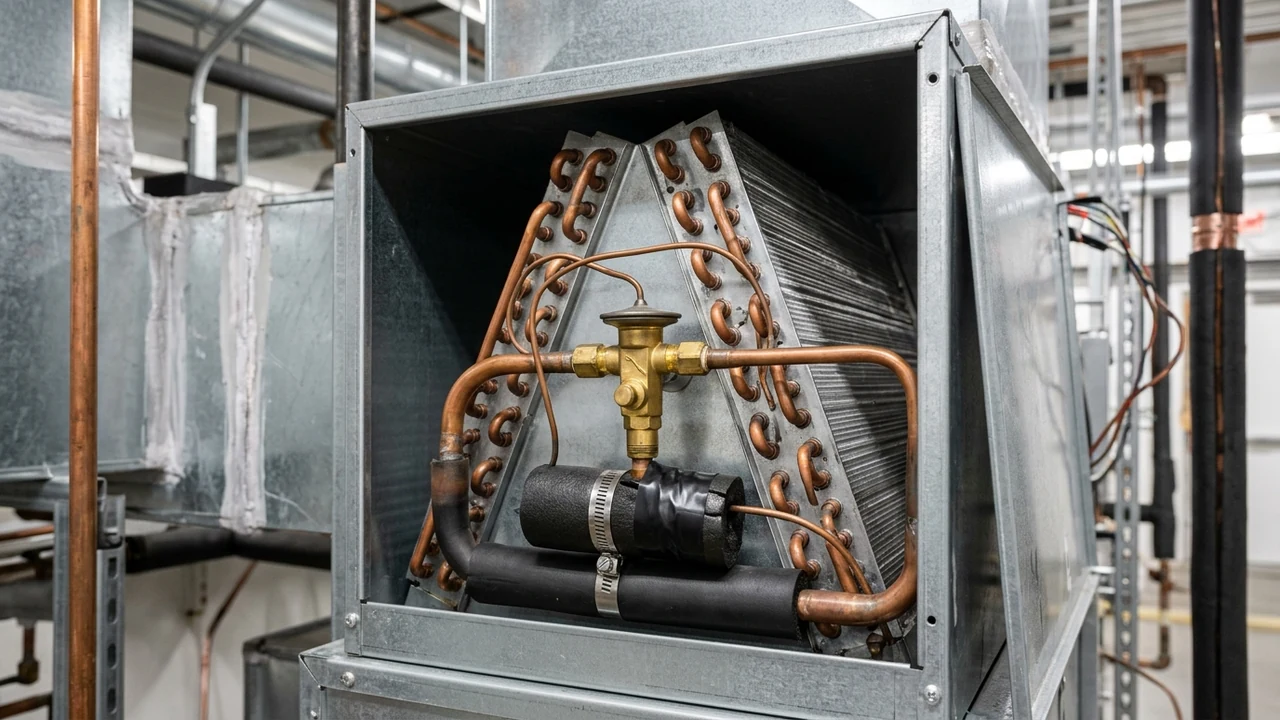Opened indoor HVAC evaporator A-coil cabinet showing copper tubing, aluminum fins, and brass TXV