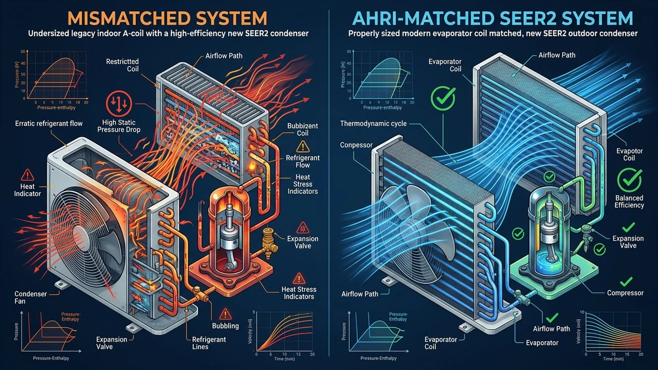 3D HVAC thermodynamic diagram comparing mismatched evaporator and condenser coils vs AHRI-matched SEER2 systems