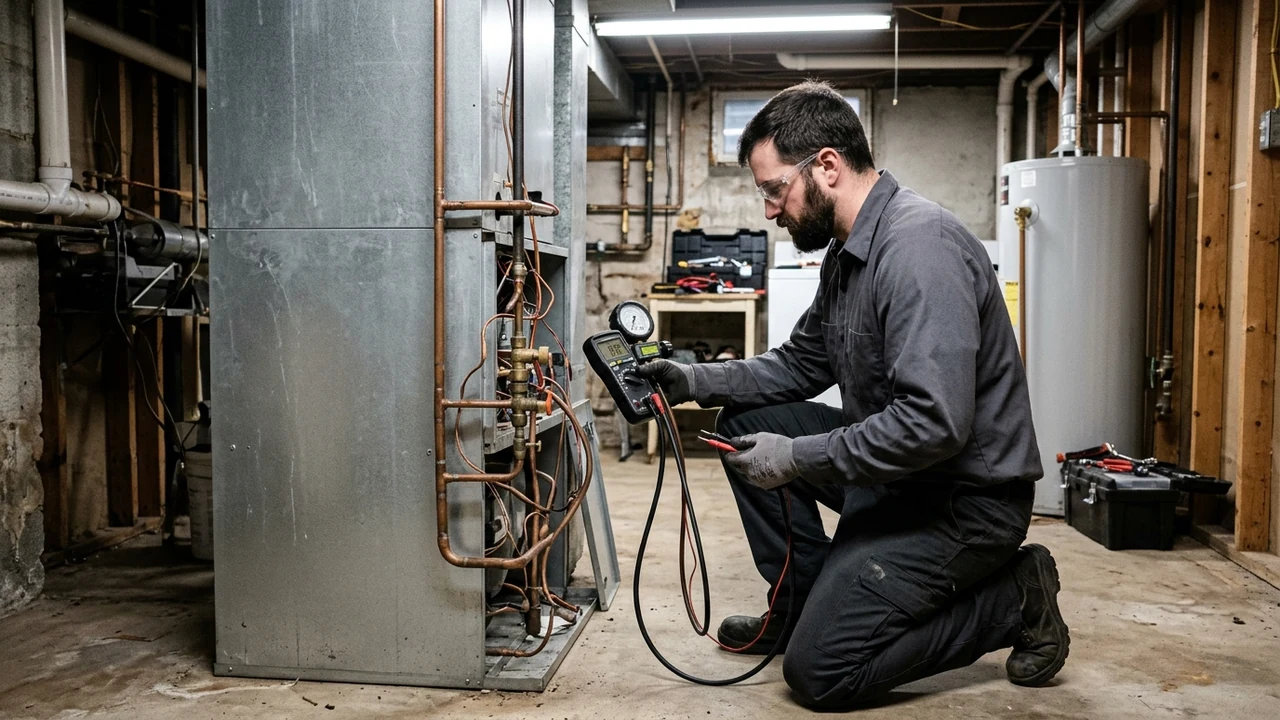 HVAC diagnostic technician measuring subcooling and superheat on copper refrigerant lines in Richmond VA