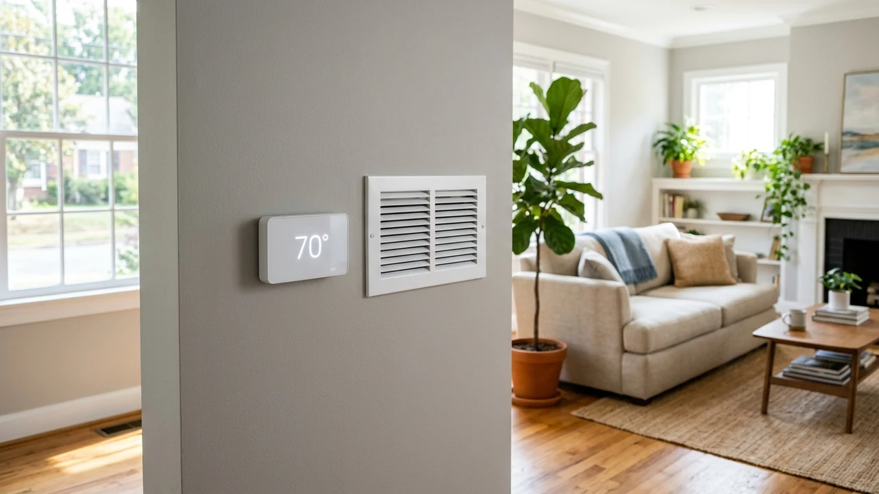 Bright Richmond VA living room with modern wall thermostat and clean supply air register