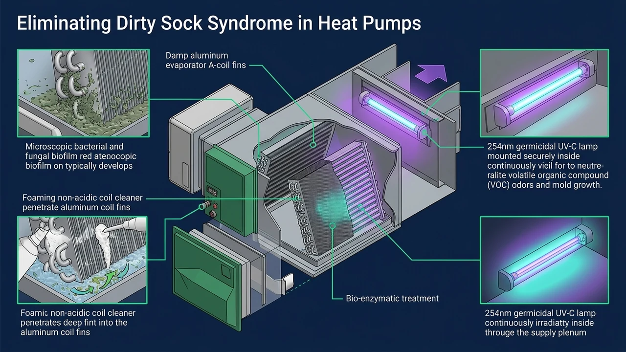 3D HVAC indoor air quality diagram showing how to eliminate dirty sock syndrome in heat pumps