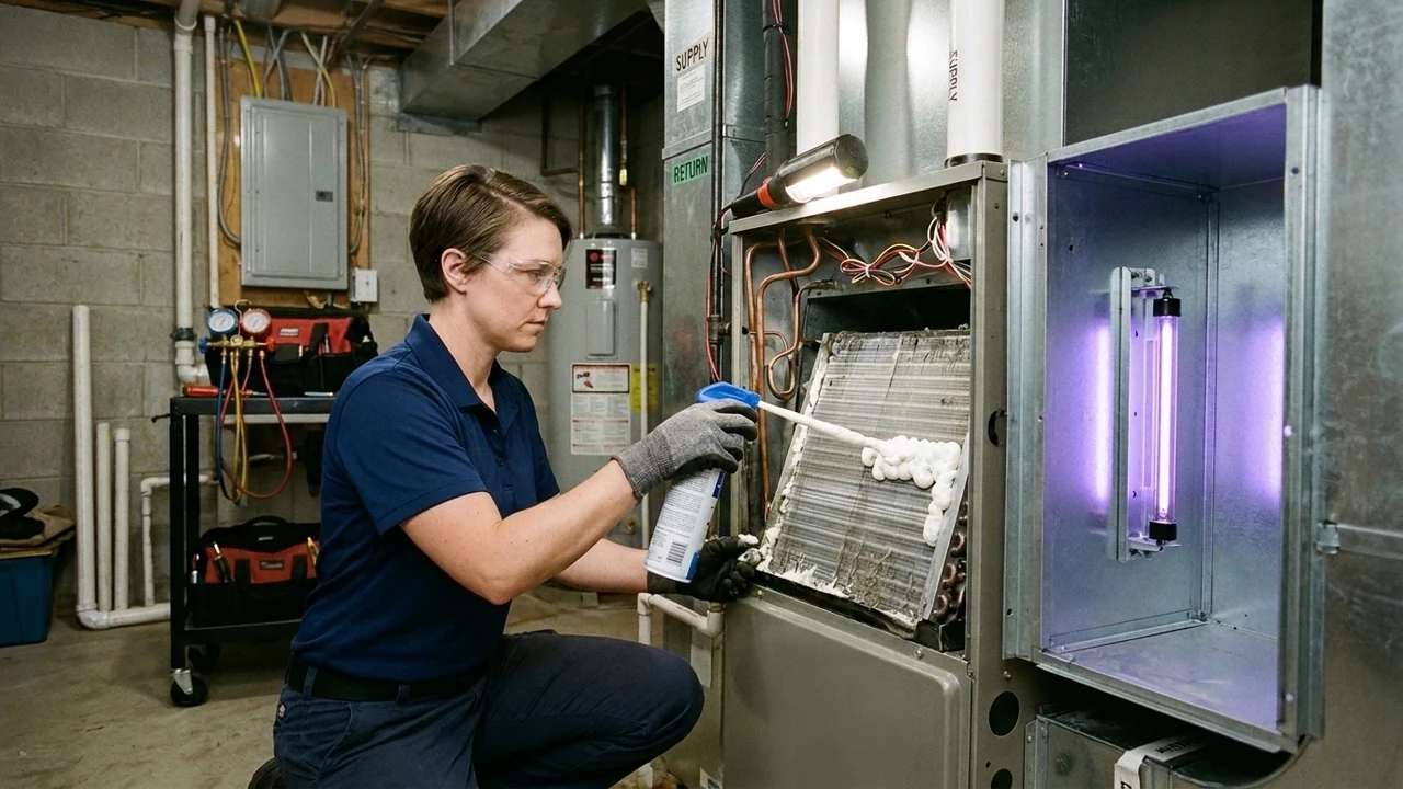 HVAC specialist applying foaming antimicrobial cleaner and installing UV-C lamp on heat pump evaporator coil