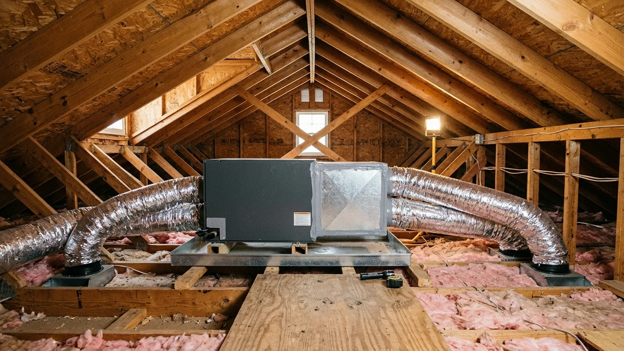 Compact residential horizontal HVAC air handler in a galvanized drain pan with a mastic-sealed sheet-metal supply plenum and R-8 insulated flexible ducts in a wood-framed attic