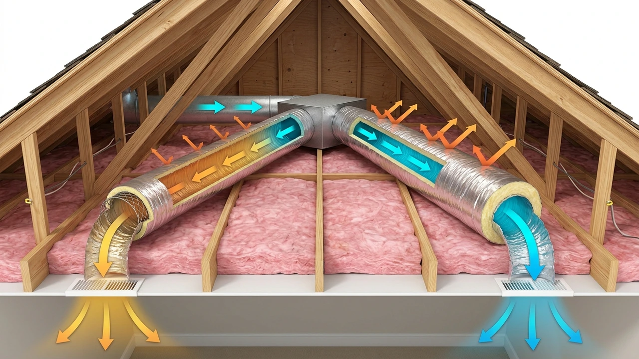R-8 vs R-6 Attic Duct Insulation: How Unconditioned Attic Heat Gain Robs Richmond Homes of Ton-Capacity 1 3D architectural attic cross-section comparing heat gain in a thin R-6 flexible duct versus thermal protection in a thicker R-8 insulated flexible duct