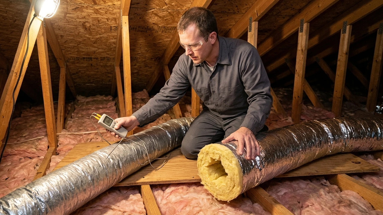 R-8 vs R-6 Attic Duct Insulation: How Unconditioned Attic Heat Gain Robs Richmond Homes of Ton-Capacity 2 HVAC technician in unbranded charcoal shirt comparing a thinner R-6 flexible duct against a thicker R-8 insulated flexible duct with an unbranded digital thermometer probe in a residential attic