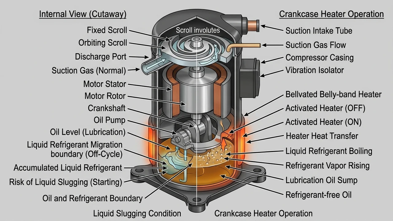 Protecting Compressors from Liquid Slugging: The Role of Crankcase Heaters in Richmond Variable Climates 1 3D mechanical cutaway diagram illustrating off-cycle refrigerant migration and liquid slugging damage inside an HVAC scroll compressor sump