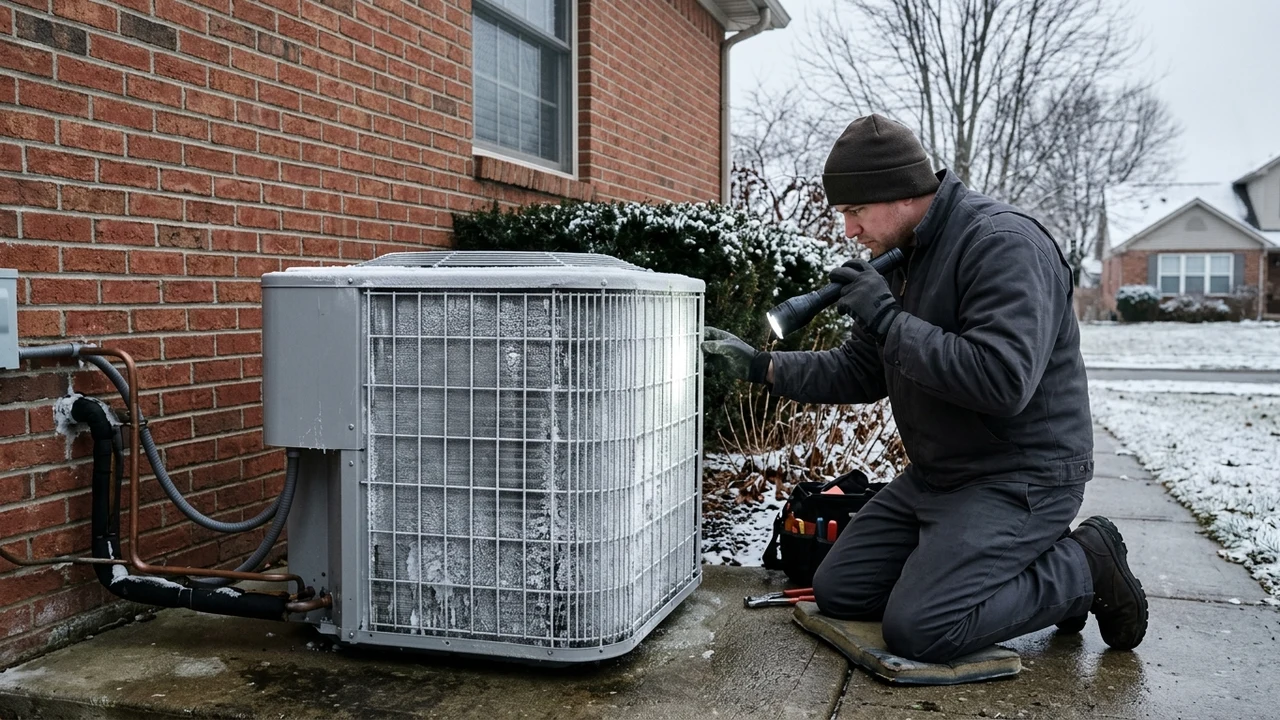 HVAC technician inspecting ice and frost accumulation on outdoor heat pump coil with work light