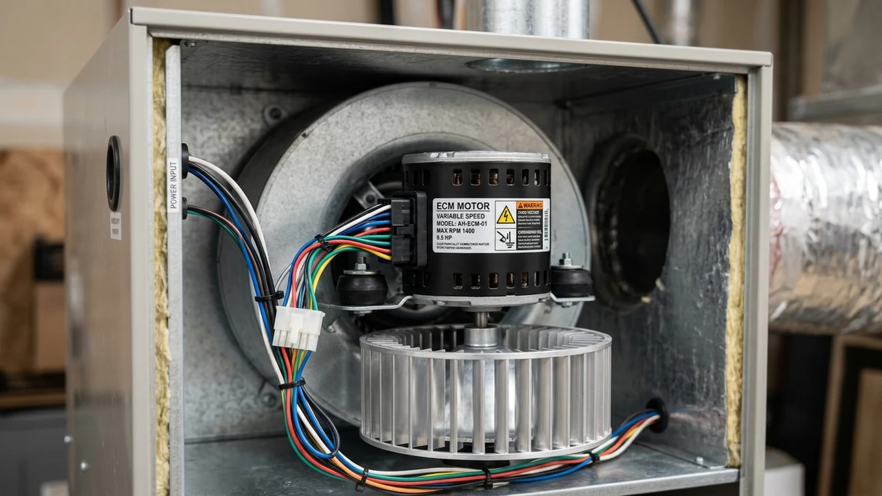 High-efficiency variable-speed ECM blower motor assembly installed inside residential air handler cabinet in Henrico home