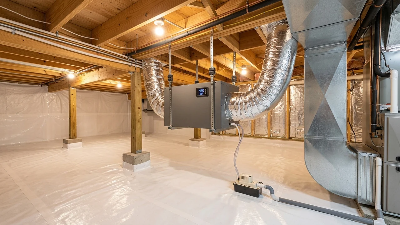 Whole-home commercial dehumidifier installed in an encapsulated residential crawlspace in Richmond VA